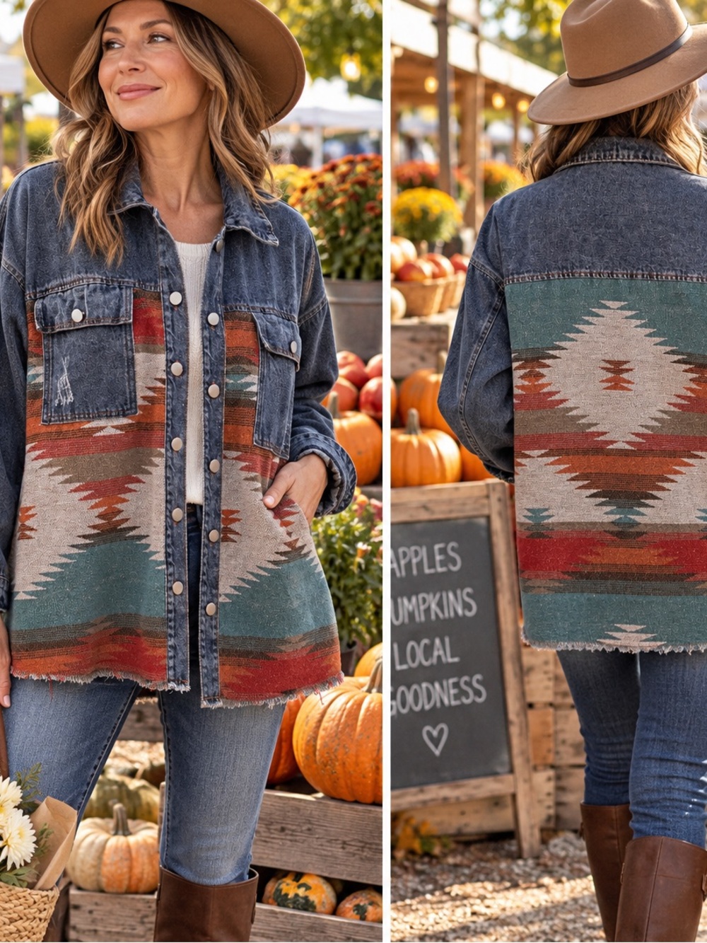 Source Unknown Dark Denim Jacket with Southwestern Multicolor Pattern